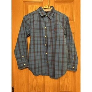 Boys Wrangler Plaid Button Up Shirt Long Sleeve Blue Size L 10/12
